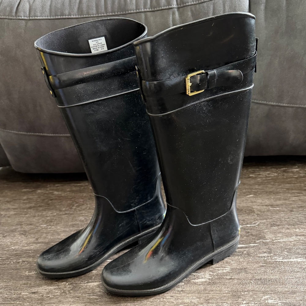 Lauren Ralph Lauren Rossalyn II Rain Boots Womens 8 Black PVC Buckle Knee High - Picture 2 of 7